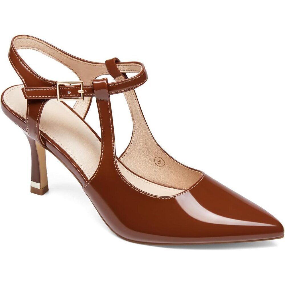 Women's Brown High Heels Pointed Toe Ankle Strap Pumps Patent Dress Shoes